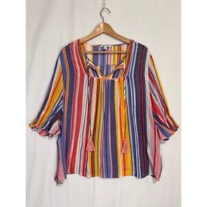 Zac & Rachel Blouse Women 2X Multicolor Striped Boho Tassel Peasant Festival